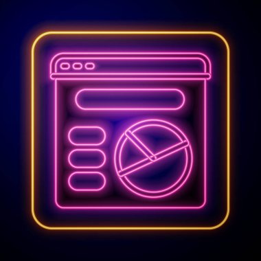 Parlayan neon pasta grafiği bilgi simgesi siyah arkaplanda izole edildi. Diyagram çizelgesi. Vektör