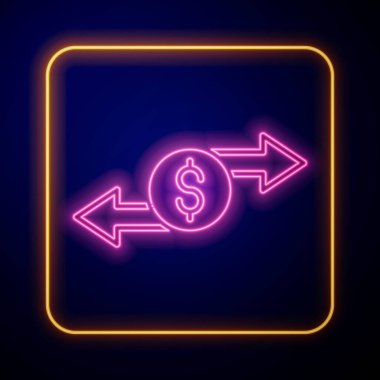 Parlayan neon para değişimi simgesi siyah arkaplanda izole edildi. Para transferi sembolü. Bankacılık işareti. Vektör