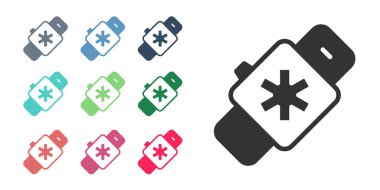 Siyah Akıllı saat beyaz arkaplanda kalp atışı simgesini gösteriyor. Fitness uygulaması konsepti. Simgeleri renklendirin. Vektör