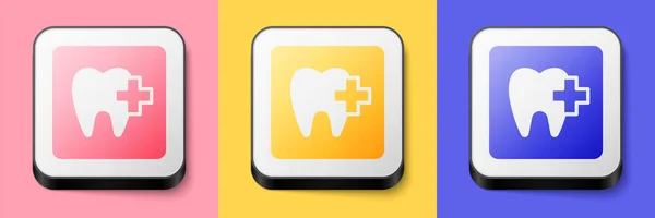 Isometric Dental clinic location icon isolated on pink, yellow and blue background. Square button. Vector — Stock Vector