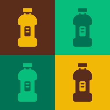 Çamaşır deterjanı, çamaşır suyu, bulaşık deterjanı ya da renkli arka planda izole edilmiş başka bir temizlik malzemesi ikonu için pop sanat şişesi. Vektör