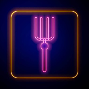 Parlayan neon bahçesi yabası simgesi siyah arkaplanda izole edilmiş. Bahçe çatalı işareti. Bahçecilik, tarım, çiftçilik aleti. Vektör