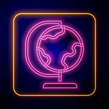 Siyah zemin üzerinde parlayan neon dünya ikonu izole edildi. Vektör