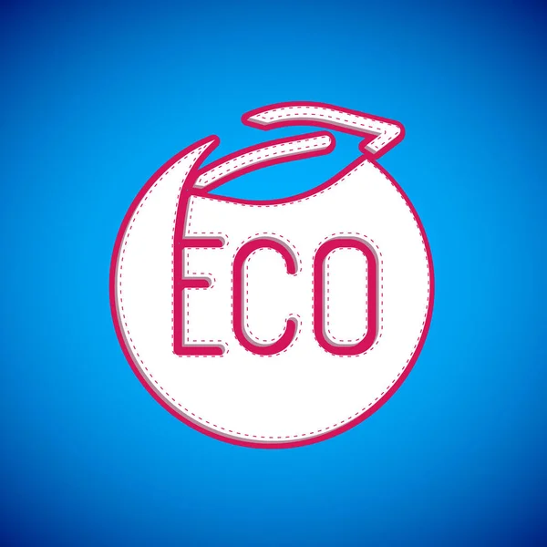 Bannière blanche, étiquette, étiquette, logo pour éco-vert icône de la nourriture saine isolé sur fond bleu. Produit biologique. Sticker alimentation saine. Vecteur — Image vectorielle