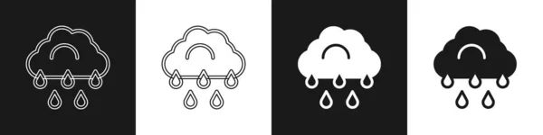 Definir nuvem com ícone de chuva isolado no fundo preto e branco. Precipitação de nuvens de chuva com gotas de chuva. Vetor — Vetor de Stock