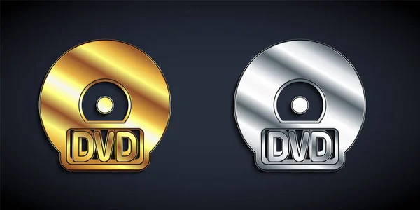 Χρυσό και ασήμι CD ή DVD δίσκο εικονίδιο απομονώνονται σε μαύρο φόντο. Συμπαγές σήμα δίσκου. Μακρύ στυλ σκιάς. Διάνυσμα — Διανυσματικό Αρχείο