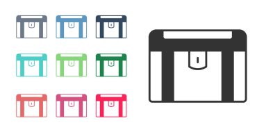 Beyaz arka planda siyah antika hazine sandığı ikonu var. Altın sikkeli klasik tahta sandık. Simgeleri renklendirin. Vektör