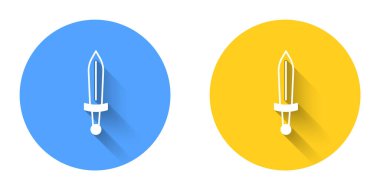 Beyaz Ortaçağ kılıç ikonu uzun gölgeli arka planda izole edilmiş. Ortaçağ silahı. Çember düğmesi. Vektör