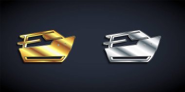 Siyah arka planda altın ve gümüş sürat teknesi simgesi izole edildi. Uzun gölge tarzı. Vektör