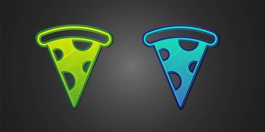 Siyah arka planda izole edilmiş yeşil ve mavi pizza dilimi. Fast food menüsü. Vektör