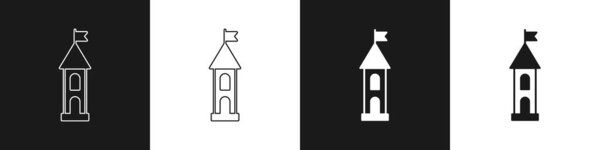 Установить замковую башню значок изолирован на черно-белом фоне. Знак крепости. Вектор