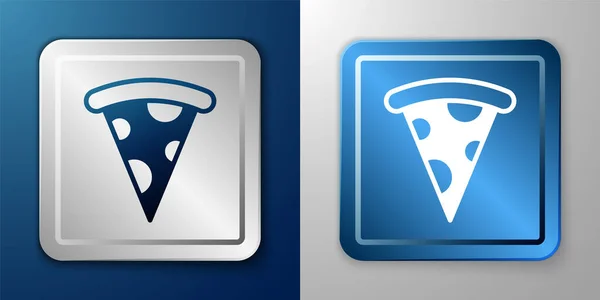 Fatia branca de ícone de pizza isolada em fundo azul e cinza. Menu de fast food. Botão quadrado prata e azul. Vetor — Vetor de Stock