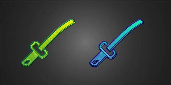 Verde y azul Icono tradicional japonés de katana aislado sobre fondo negro. Espada japonesa. Vector — Vector de stock