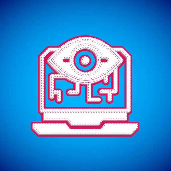 Icono de visión de computadora blanca aislado sobre fondo azul. Visión técnica, circuito ocular, sistema de videovigilancia, sistemas de realidad aumentada. Vector — Archivo Imágenes Vectoriales