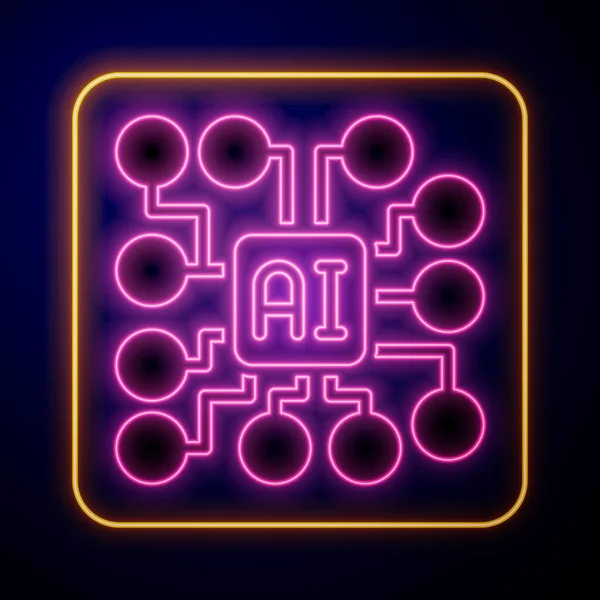 Icona di rete neurale al neon incandescente isolata su sfondo nero. Intelligenza artificiale AI. Vettore — Vettoriale Stock