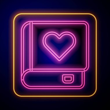 Parlayan neon romantizm kitabı simgesi siyah arkaplanda izole edildi. Vektör