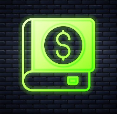 Işıldayan neon finans kitabı ikonu tuğla duvar arkasında izole edilmiş. Vektör