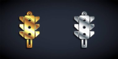 Siyah zemin üzerinde altın ve gümüş trafik ışığı simgesi izole edildi. Uzun gölge tarzı. Vektör