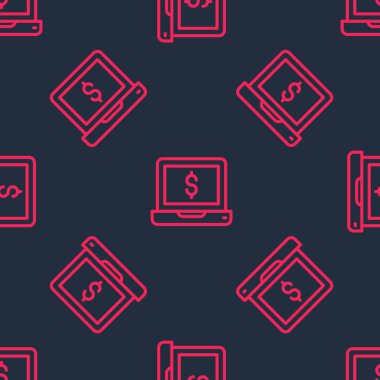Dolar simgesi olan kırmızı çizgi dizüstü bilgisayarı siyah arkaplandaki kusursuz deseni izole etti. Dünyanın her yerine para göndermek, para transferi, online bankacılık, finansal işlemler. Vektör