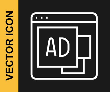 Beyaz çizgi reklam simgesi siyah arkaplanda izole edildi. Pazarlama ve tanıtım süreci kavramı. İlgili reklamlar. Sosyal medya reklamcılığı. Vektör