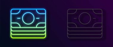 Parlak neon hattı kağıt yığınları para ikonu siyah arka planda izole. Para desteleri. Para birimi. Vektör