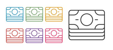 Çizgiyi ayarla kağıt para para ikonu beyaz arka planda izole. Para desteleri. Para birimi. Simgeleri renklendirin. Vektör