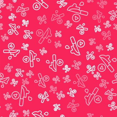 Beyaz çizgi gerilim film ikonu kırmızı arkaplanda kusursuz desen izole etti. Kahrolası bıçak. Şüpheli sinema türü, hayatta kalma korkusu. Şiddet ve vahşet içeren şok edici filmler. Vektör