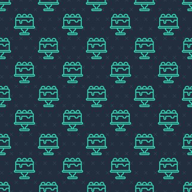 Yeşil çizgi kek simgesi mavi arkaplanda pürüzsüz desen izole etti. Doğum günün kutlu olsun. Vektör