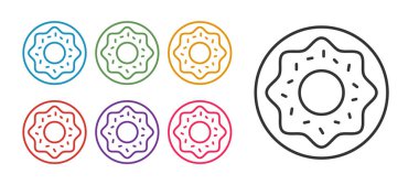 Beyaz arkaplanda izole edilmiş tatlı jöleli donut satırı. Simgeleri renklendirin. Vektör