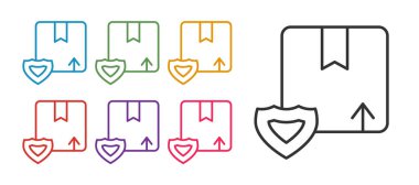 Beyaz arkaplanda kalkan simgesi olan hat teslimat güvenliğini ayarlayın. Teslimat sigortası. Kalkanın ötesinde sigorta kutuları var. Simgeleri renklendirin. Vektör