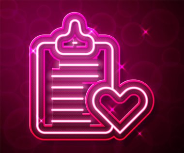 Kırmızı arka planda izole edilmiş klinik rekor simgesi olan parlak neon çizgisi tıbbi pano. Reçete, tıbbi kontrol işaretleri raporu. Vektör