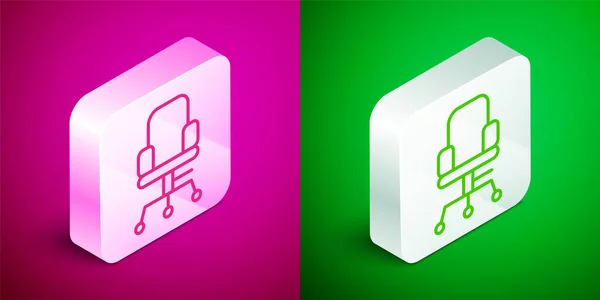 Ícone de cadeira de escritório linha isométrica isolado em fundo rosa e verde. Botão quadrado de prata. Vetor — Vetor de Stock