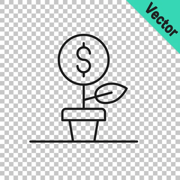 Icono de planta de línea negra Dollar aislado sobre fondo transparente. Concepto de crecimiento de inversión empresarial. Ahorro de dinero e inversión. Vector — Vector de stock