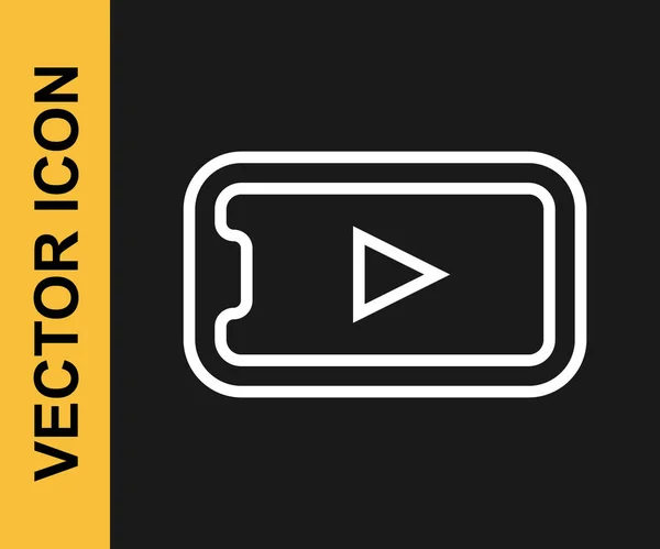 Línea blanca Icono de vídeo de reproducción en línea aislado sobre fondo negro. Smartphone y tira de película con señal de juego. Vector — Vector de stock