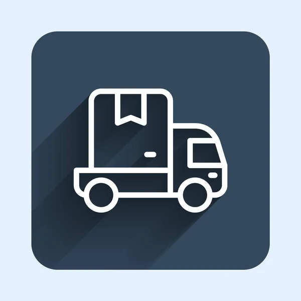Linha branca Ícone do veículo do caminhão de carga da entrega isolado com fundo longo da sombra. Botão quadrado azul. Vetor —  Vetores de Stock