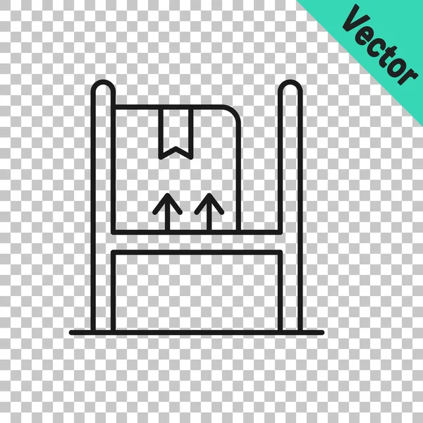 Schwarze Linie Warehouse Interieur mit Boxen auf Racks Symbol isoliert auf transparentem Hintergrund. Logistik, Fracht, Paketlager Postdienst. Vektor — Stockvektor