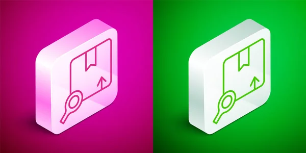 Izometrikus vonal Keresés csomag ikon elszigetelt rózsaszín és zöld háttér. Csomagnyomkövető szimbólum. Nagyító és kartondoboz. Logisztika és szállítás. Ezüst négyzet gomb. Vektor — Stock Vector