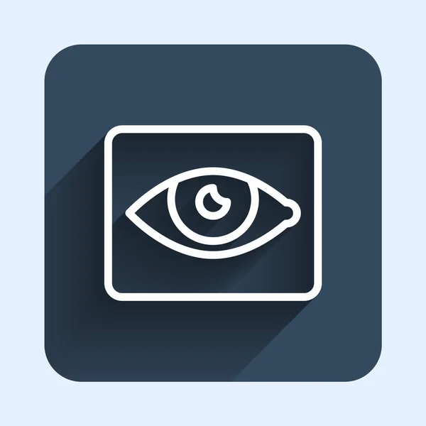 Bílá čára Ikona efektu červených očí izolovaná s dlouhým stínem pozadí. Znamení zarudnutí očí. Zánětlivé onemocnění očí. Modré tlačítko. Vektor — Stockový vektor