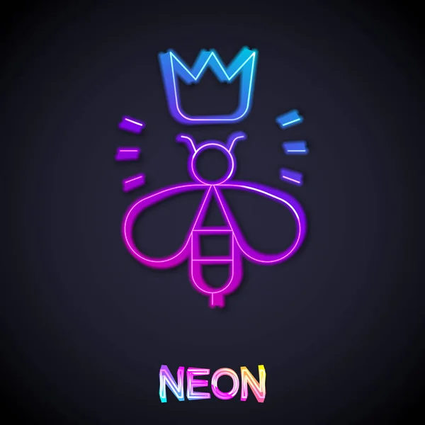 Brilhando neon line Queen bee ícone isolado no fundo preto. Comida natural doce. Abelha ou apis com símbolo de asas. Inseto voador. Vetor — Vetor de Stock