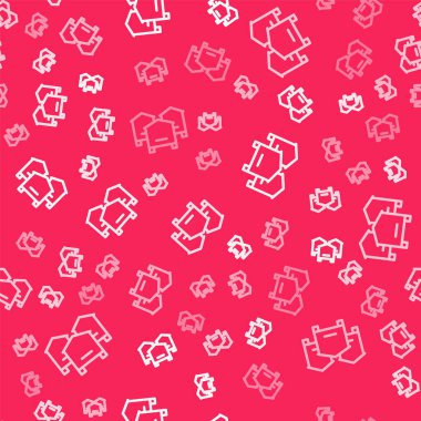 Arı ikonu için beyaz çizgi Kovan kırmızı arka planda izole edilmiş pürüzsüz desen. Arı kovanı sembolü. Apiary ve arı yetiştiriciliği. Tatlı doğal yemek. Vektör