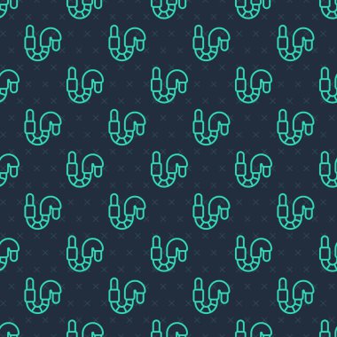 Yeşil çizgi solucanı simgesi mavi arkaplandaki kusursuz deseni izole etti. Balık oltası. Vektör