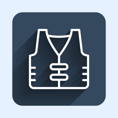 Beyaz çizgili balıkçı ceketi simgesi uzun gölge arkaplanı ile izole edilmiş. Balıkçı yeleği. Mavi kare düğme. Vektör