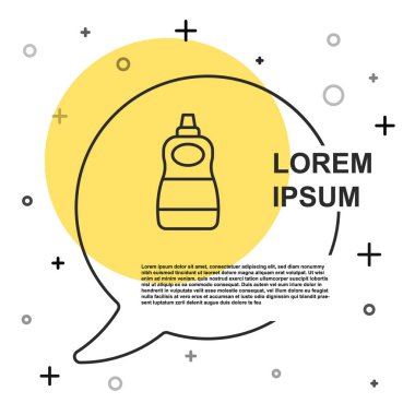 Siyah çizgi, beyaz arka planda izole edilmiş sıvı şişe ikonu. Bulaşık yıkamak için sıvı deterjan. Rastgele dinamik şekiller. Vektör