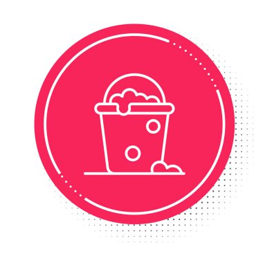 Köpük ve baloncuk ikonlu beyaz çizgi kovası beyaz arkaplanda izole edildi. Temizlik hizmeti konsepti. Kırmızı daire düğmesi. Vektör