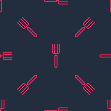 Kırmızı çizgi bahçe yabası ikonu siyah arka planda izole edilmiş pürüzsüz desen. Bahçe çatalı işareti. Bahçecilik, tarım, çiftçilik aleti. Vektör