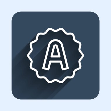 A + notu olan beyaz çizgi sınav kağıdı uzun gölge arkaplan ile izole edilmiş. Sınav kağıdı, sınav ya da araştırma konsepti. Sınav ya da sınav. Mavi kare düğme. Vektör