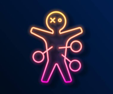 Siyah arkaplanda parlayan neon hattı Voodoo bebek ikonu izole edildi. Mutlu Cadılar Bayramı Partisi. Vektör