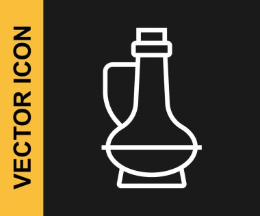 Beyaz çizgili zeytinyağı şişesi siyah arka planda izole edilmiş. Zeytinyağı ikonlu sürahi. Vektör