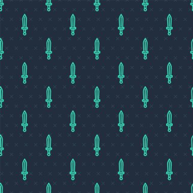 Yeşil çizgi Ortaçağ kılıç ikonu mavi arkaplandaki kusursuz deseni izole etti. Ortaçağ silahı. Vektör