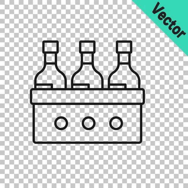 Black line Bottles of wine in a wooden box icon isolated on transparent background. Wine bottles in a wooden crate icon. Vector — Stock Vector